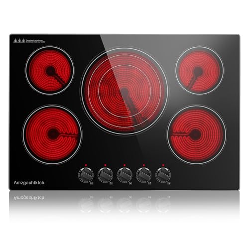 30 Inch Built-in Electric Cooktop with Expandable Triple Ring Burners, 5 Burner 9000W Ceramic Stove Top - Easy Knob Controls & Residual Heat Indicator (220-240V Hardwired)