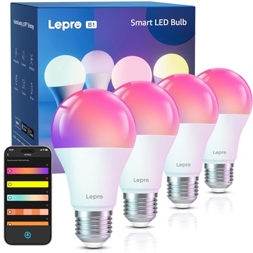 Lepro B1 AI Smart Bulb, E27 Wifi Bulb, Music Sync, Voice Control, AI Generated Lighting, 806lm, Dimmable RGBCCT Color Changing Light Bulbs Work with Alexa, Google Assistant App,4 Packs