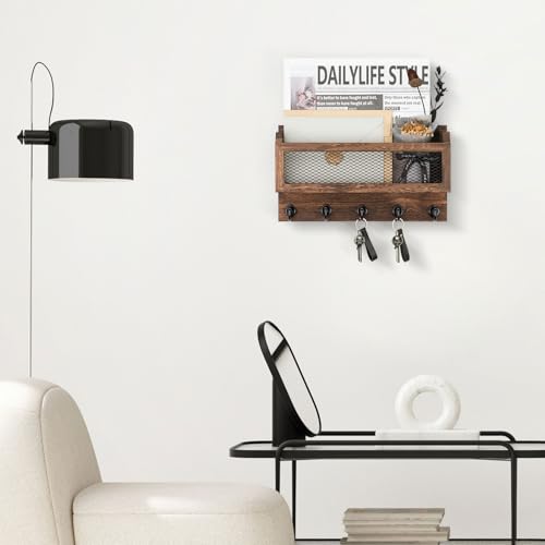 Nekon Mail and Key Holder for Wall Decorative, 11 Inch Wooden Wall Key Organizer with 5 Key Hooks, Wall Mount Storage Shelf for Entryway Hallway (Brown) - Image 6