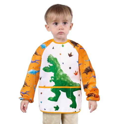 WERNNSAI Delantal Niño de Dinosaurio - Delantales para niños de 3 a 8 años Delantal Impermeable para niños pequeños con Manga Larga y 3 Bolsillos Niños Artista Delantales