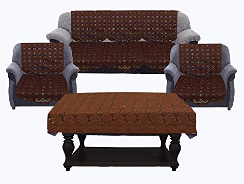 Image of Kuber Industries Circle Design Cotton 7 Pieces 5 Seater Sofa Cover with Center Table Cover Set (Standard, Brown) - KUBMART02965