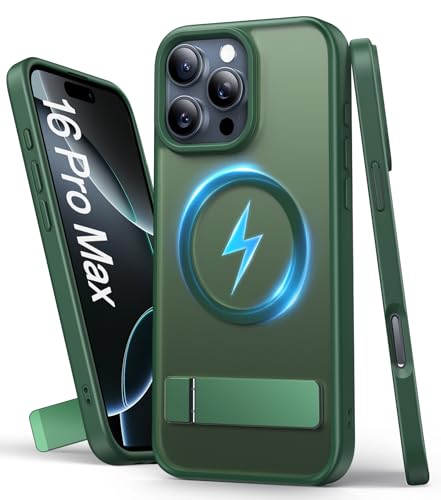 Image of Vihibii Silicone For iPhone 16 Pro Max Case Magnetic Back With Build-In Stand,[Compatible With Magsafe],Rugged Shockproof Case Protective Back & Translucent Matte Slim Cover 2024 6.9 inch,Green