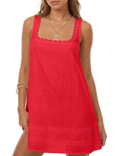 Rooscier Women's Lace Trim Square Neck Mini Dress Red Medium