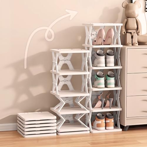 XDMTWLKJ Collapsible Shoe Rack 6 Tiers-Foldable Shoe Organizer for Closet, Space-Saving Kid's Shoe Storage, No Assembly Shoe Shelves for Entryway, Living Room, Bedroom, Grey