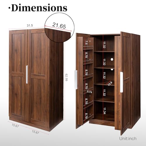Image of 22 in Deep Kitchen Pantry Storage Cabinet with Doors and Shelves Walnut | Tall, Large Cupboard for Food
