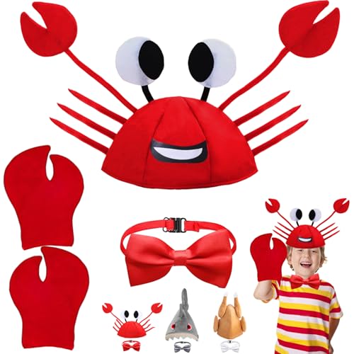 AUNGKWANG 4 Pièce Chapeau Drole Crabe, mit Nœud Papillon Rouge et Pinces de Crabes, Casquette Drole Crabe Garçon, Chapeau Halloween Pour Carnaval, Halloween, Cosplay, Garçons Filles Adultes Enfant