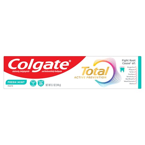 Colgate Total Active Prevention Fresh Mint Toothpaste, Anticavity Toothpaste with Fluoride, Clinically Proven to Help Fight Plaque Bacteria, Helps Minimize Bad Breath, 5.1 oz