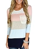 Womens Crew Neck 3/4 Sleeve Striped Pattern Casual Shirts Patchwork Tunic Tops With Lace Pockets (M=US 8-10, Pink)