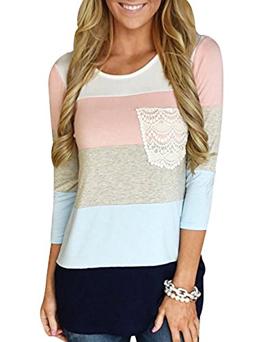 Womens Crew Neck 3/4 Sleeve Striped Pattern Casual Shirts Patchwork Tunic Tops with Lace Pockets (M=US 8-10, Pink)
