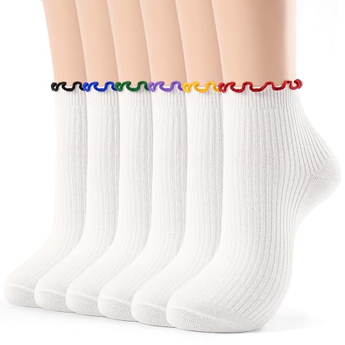 Image of Jeasona 6 Pairs Ruffle Socks Women, Cute Ankle Preppy Stuff Socks with 6 Colorful Trims, Breathable Cotton Ankle Frilly Sock Preppy Outfits Women, Soft Short Dress Cutecore Aesthetic Sock Gifts
