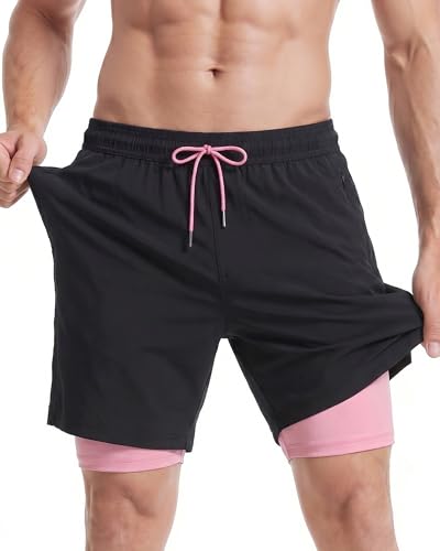 Short de bain 2 en 1 Maamgic Homme M en noir et rose avec doublure intégrée