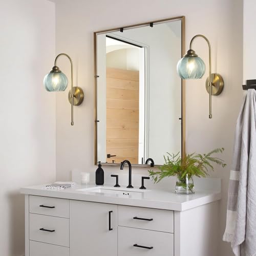 Image of KCO Lighting Vintage Green Glass Wall Light Brushed Brass Wall Sconce Gold Long Swing Arm Wall Light Mid Century Modern Wall Light Unique Bathroom Wall Lamps