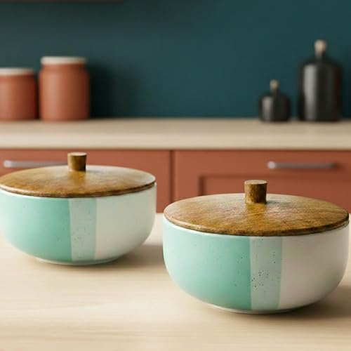 Image of The Earth Store Tritone Green Matte Ceramic Bowl Set of 2 - 500ML Each with Nob Wooden Lid | Mixing Bowls for Snacks, Rice, Dal, Fruits, Salad Microwave Safe Bowl with Lid Perfect Gifting & Daily Use
