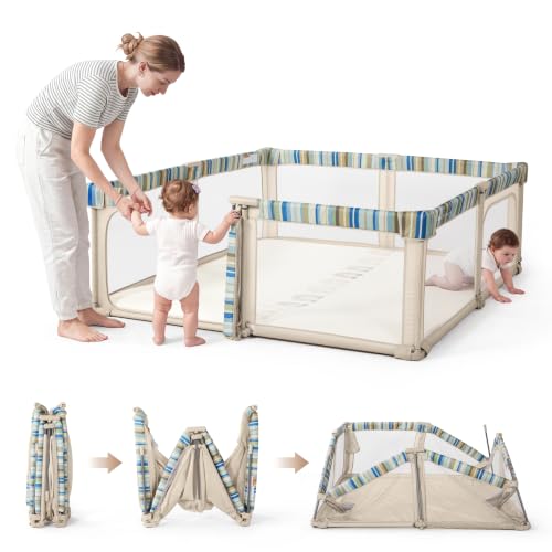 Image of Foldable Baby Playpen,Portable Play Pen for Babies 6-12 Months,59 inchx79 inch Playpen for Babies and Toddlers with Gate,Indoor & Outdoor Collapsible Baby Play Pen with Travel Bag(Khaki+Green Stripes)
