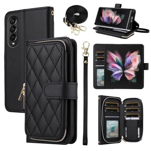 Furiet Wallet Case for Samsung Galaxy Z Fold 4 5G 2022 with Wrist Strap Crossbody Shoulder Strap 9+ Card Slots Zipper Purse Luxury PU Leather Stand Phone Cover for ZFold4 Z4 Fold4 4Z ZFold45G Black