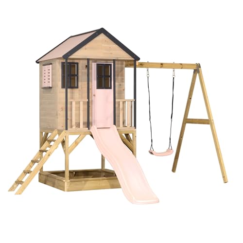 Wendi Toys M50PP Cabane sur Pilotis avec Toboggan et Balançoire, Maison de Jeu en Bois FSC pour Enfants, Outdoor Jardin, Plateforme 90 cm, Toboggan 175 cm, Bac à Sable, Résistant aux Intempéries