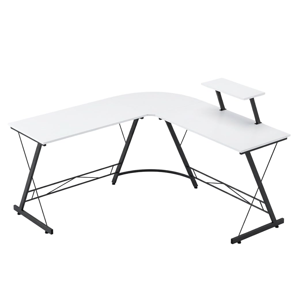 nikcorp L Shaped Corner Desk Computer Desk Office Desk Gaming Desk with Shelf Stable Metal Frame MDF Worktop Large Workspace Home Office Study -white
