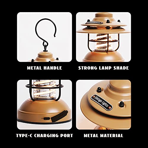 Pinsai Led Camping Lantern,Mini Rechargeable Retro Warm Camp Light,Battery Powered Metal Vintage Hanging Lamp,Portable Waterpoor Outdoor Tent Bulb, Emergency Lighting For Power Failure,Outages #TOP7