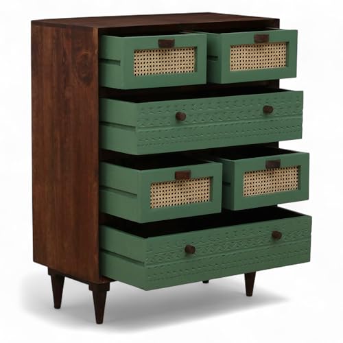 Image of Solid Wood Luffy Chest of Drawers | Chest of Drawers for Storage | 6 Drawer Dresser | Natural Cane | Finish- Olive Green and Tubaq