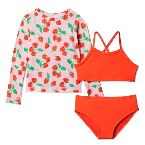 Amazon Essentials Girls Long Sleeve Rash Guard Three-piece Bikini Swim Set Strawberries/Tomato Red Medium
