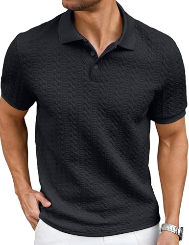 Image of JMIERR Men's Cable Knit Polo Shirts Elasticity Short Sleeve | Men's cable knit polo shirt with elasticity, machine wash, short sleeve, breathable textured knit for spring summer