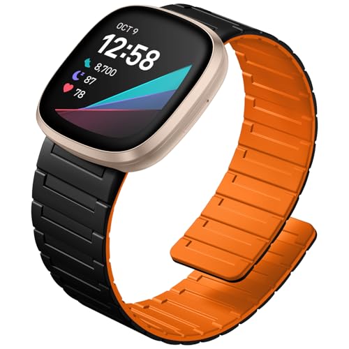 Ouwegaga ���C�o���h Fitbit Sense 2 �o���h/Sense/Versa 3/Versa 4�p�o���h ���f�B�[�X �����Y �X�|�[�c�V���R�� ���̓}�O�l�b�g���b�V�����[�v�X�g���b�v Fitbit�X�}�[�g�E�H�b�`�Ή� �u���b�N/�I�����W
