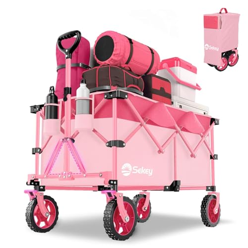 Image of Sekey 220L Collapsible Foldable Wagon with 330lbs Weight Capacity, Heavy Duty Folding Wagon Cart with Big All-Terrain Wheels & Drink Holders (Pink)