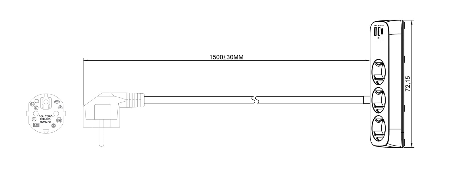 VALUE Ciabatta elettrica a 3 prese con interruttore, cavo da 10 m, presa con contatto di protezione 230 V/16 A, ruotata 45°, sicurezza bambini, interruttore illuminato, presa multipla nera per la casa