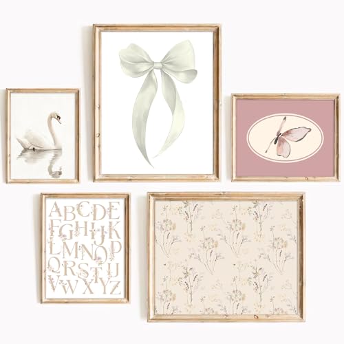 Image of Girl Nursery Wall Art Vintage Canvas Wall Decor Baby Room Pictures Floral Swan Art Prints White Bow Poster Pink Butterfly Painting Vintage Nursery Artwork for Girls Room Bedroom 8x10x5 Inch Unframed