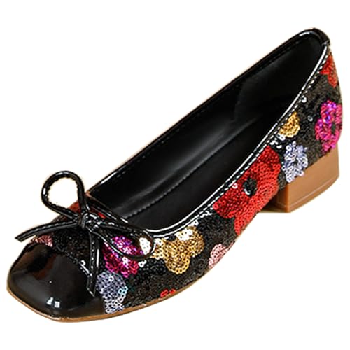 Women's Sequin Soft Leather Low Heel Metallic Toe Flats Bow Sparkle Slip On Memory Foam Cushion Insole Flat Shoes for Party Wedding