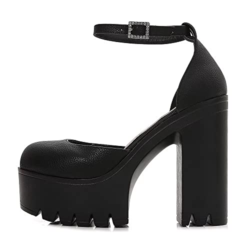 Hee grand Women's Platform Heeled Sandals Closed Round Toe Ankle Buckle Strap Chunky High Heels Mary Janes Punk Style Pumps Fashion Party Shoes3