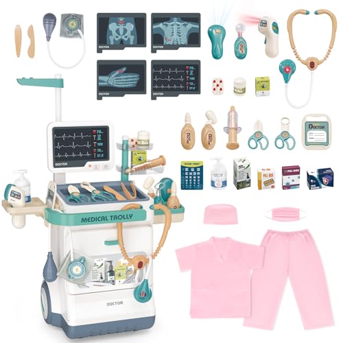 deAO Juego de Estación Médica de Simulación, Juego De Carro Móvil De Doctor para Niños con Bata De Médico, Luces, Estetoscopio, Doctor Playset Centro Imitacion Medico Carrito 3+Años
