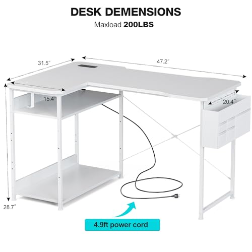 Image of Acrolix L Shaped Gaming Desk 48 Inch - Computer Corner Desk with Power Outlets, Reversible Shelves & Storage Bag for Home Office, PC Gaming Table, White Carbon