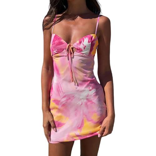 Image of Women Floral Mini Dress Bohemian Spaghetti Strap Sleeveless Bodycon A-Line Dress Short Cami Swing Dress Clubwear Y2K