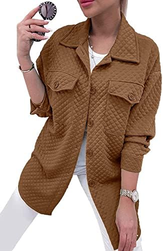 PRETTYGARDEN Women's 2023 Winter Quilted Jackets Lapel Coat Outerwear Casual Long Sleeve Button Down Blouse Shirts Tops (Dark Khaki,Small)