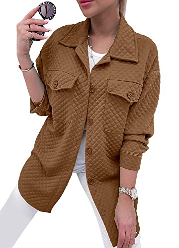 Prettygarden Women's 2023 Winter Quilted Jackets Lapel Coat Outerwear Casual Long Sleeve Button Down Blouse Shirts Tops (Dark Khaki,Small) #TOP12