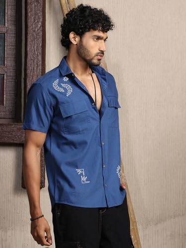 Image of Thomas Scott Men's | Embroidered Printed | Half Sleeve | Regular Fit | 100% Cotton | Double Pocket | Spread Collar | Casual Shirt