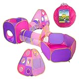 Playz 5pc Children's Playhouse Popup Tents, Tunnels, and Basketball Hoop for Girls, Boys, Babies, Kids and Toddlers with Zipper Storage Case for Indoor & Outdoor Use (Yellow, Pink, Purple)