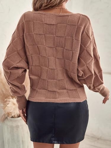 SISKIN Womens Sweaters Pullover,Womens Casual Long Batwing Sleeve Sweater,Knit Checkered Sweater for Women,Crew Neck Sweaters3