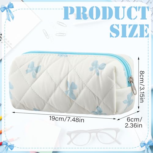 Image of Sherr Coquette Bow Pencil Case Blue Bow Cute Pencil Pouch Soft Cotton Storage Bag Aesthetic Pattern Gift Makeup Pouch Cosmetic Bag for Women Adults