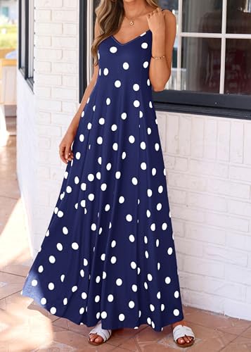 Image of KIRUNDO Womens Polka Dot Spaghetti Strap Flowy Maxi Dress | Sleeveless V Neck Boho Long Dresses, 2026 Summer Beach Vacation Cruise Outfits, A-Line Backless Sundress With Pockets