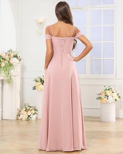 Women's Off The Shoulder Bridesmaid Dresses Long Ruffle Chiffon Formal Wedding Guest Gown with Slit2