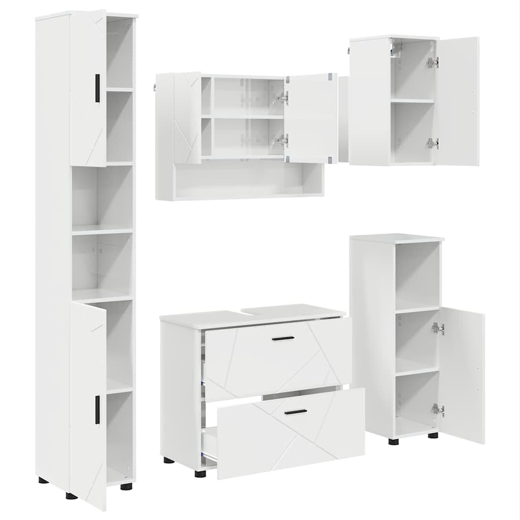 Juego de Muebles de baño con cajón 5 pcs Brillante, Acabado Mate y Textura Suave para Almacenamiento Funcional y diseño Moderno, gabinete Lavabo Espejo y Tres gabinetes más,