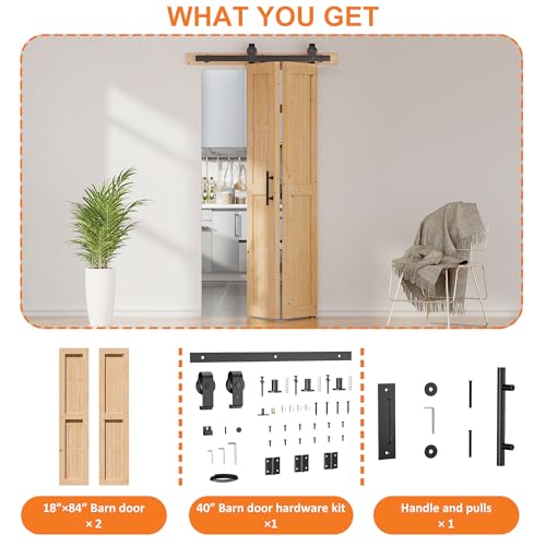 SKYSEN 36" X 84" Bifold Barn Door with 40" Bifold Barn Door Hardware Kit, Including Handle and Pulls, Unfinished Solid Spruce Wood Panel, Pre-Drilled and Assembled(36 * 84-40-f-d)