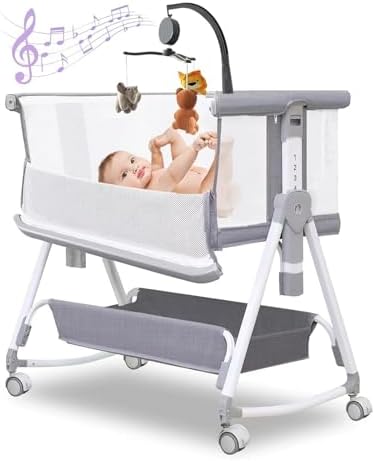 Baby Bassinet, Baby Bassinet Bedside Sleeper with Musical Toy, Al...