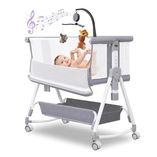 Donpemu Baby Bassinet Bedside Crib, 3 in 1 Baby Bassinet Bedside Sleeper with Musical Toy, Adjustable Portable Crib All Mesh Bedside Bassinet with Storage Basket, Grey