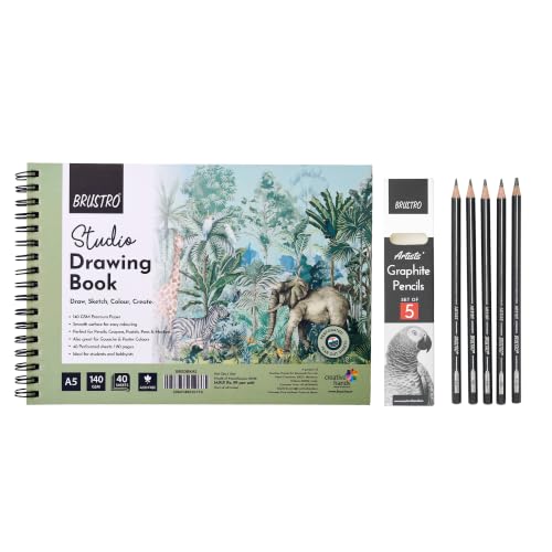 Image of BRUSTRO Artist's Graphite Pencil Set of 5,Pre-Sharpened,Break-resistant With Studio Drawing Book,Blank 80 Pages, Wiro Bound, A5(5.8x8.3 inches), 140 GSM,Perforated Sheets|Ideal for Sketching,Writing