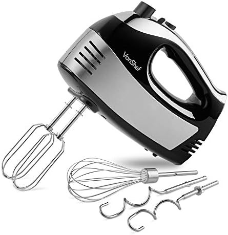 VonShef Hand Mixer Electric Whisk Food Mixer for Baking with 5 Speeds, 400W, 2 Stainless Steel Beaters, 2 Dough Hooks & Balloon Whisk, Easy Clean, Turbo Boost, Eject Button, Compact Black