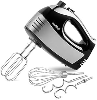 VonShef Hand Mixer Electric Whisk Food Mixer for Baking with 5 Speeds, 400W, 2 Stainless Steel Beaters, 2 Dough Hooks & Balloon Whisk, Easy Clean, Turbo Boost, Eject Button, Compact Black