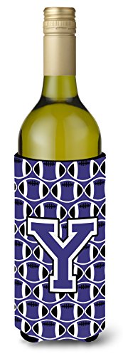 Caroline's Treasures CJ1068-YLITERK Letter Y Football Purple and White Wine Bottle Hugger Bottle Cooler Sleeve Hugger Machine Washable Collapsible Insulator Beverage Insulated Holder